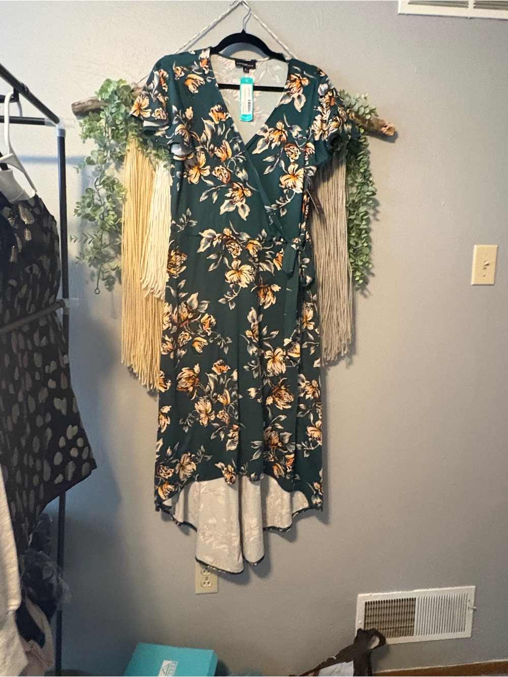 Green Floral Wrap High-Low Dress with Tie Waist